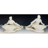 A pair of Meissen figural baskets in late 18th Century style modelled as a recumbent male and