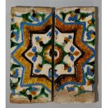 Two 17th Century Spanish tiles decorated in turquoise, green,
