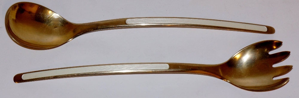 A pair of Norwegian silver gilt and white enamel salad servers of plain design, - Image 2 of 2