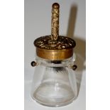 A Victorian glass glue pot with brass plated brush inset lid, lid stamped A.R, 10.