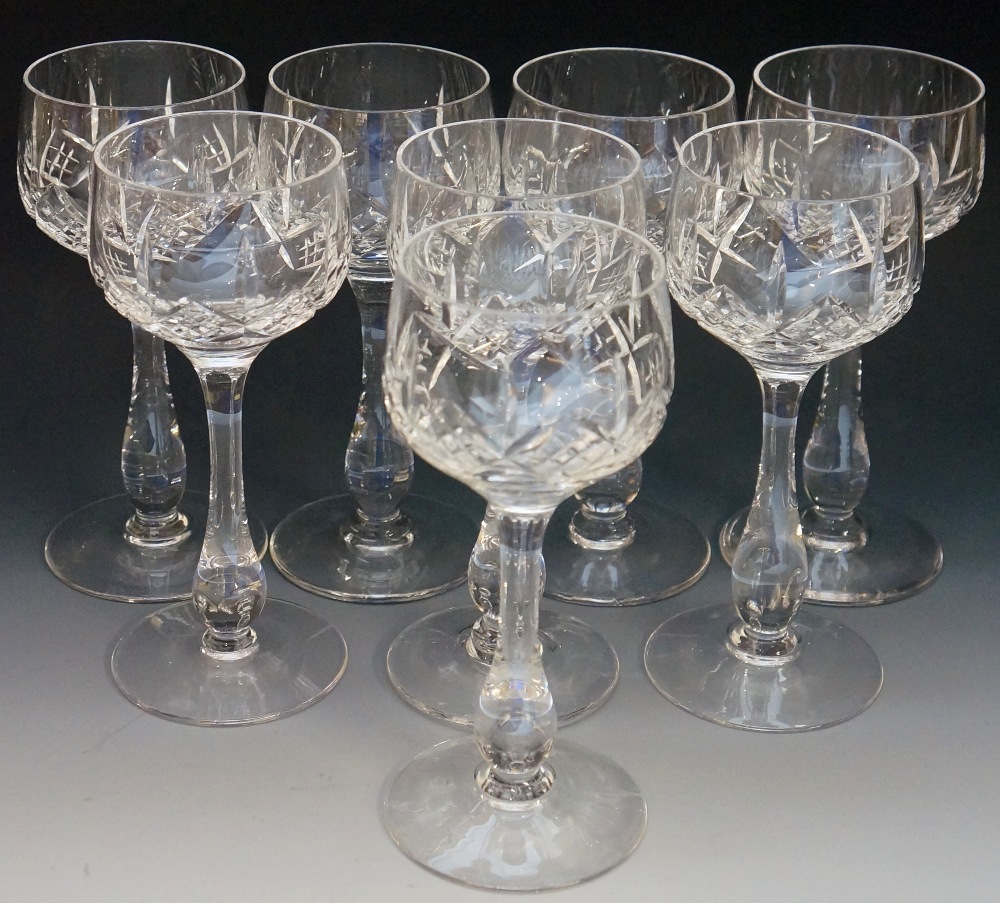A harlequin set of eight cut glass wines, some marked 'Stuart', 17.5cm high, 7.