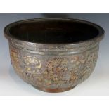 A Chinese gold splash bronze jardiniere the rim engraved with stylised leafy band above continuous