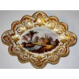 A Derby shaped oval dish finely painted to the centre with a view "Near Stanton, Derbyshire",