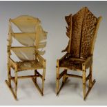 Two highly unusual miniature ladder back rocking chairs constructed of pinned feathers,