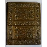 A brass fronted leather desk folder with green moiré silk interior,