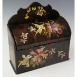 A floral printed and painted wooden letter tidy, hinged lid, 20cm high, 21 cm wide, 8.