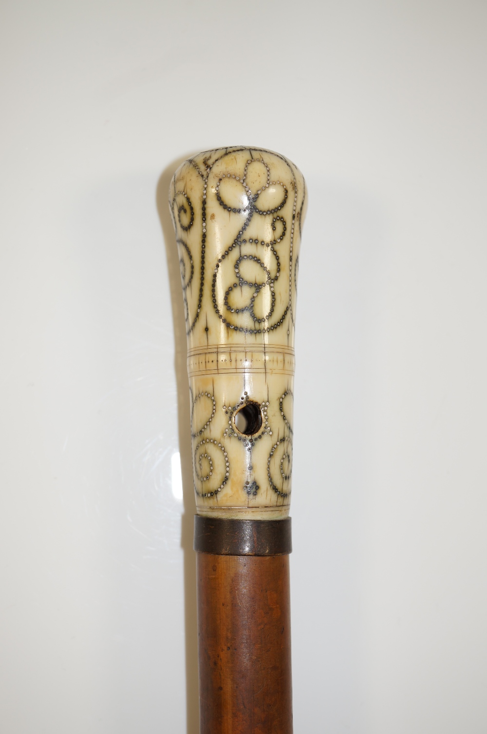 An 18th Century ivory handled piqué inlaid walking stick with stylised scrolling foliate decoration, - Image 2 of 3