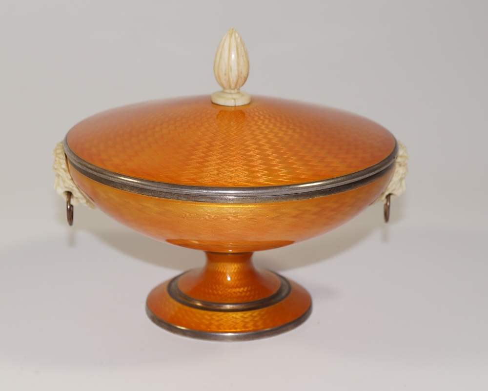 A Continental silver pedestal dish the cover and body engine turned and enamelled in a mandarin - Image 2 of 7