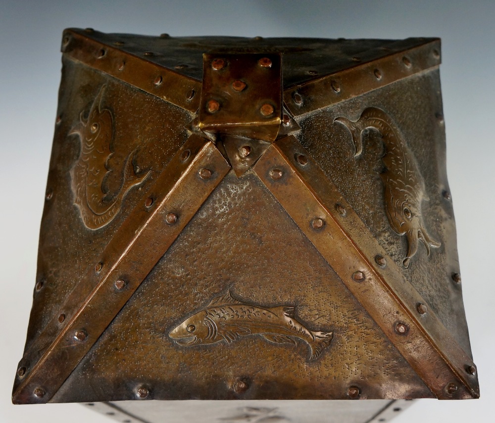 Newlyn School - a rare bronzed brass lidded casket the square cover formed as four triangular - Image 2 of 6