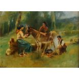 Kate Hughes - figures and donkey by a fire, oil on artist board, signed lower left, 21cm x 29cm,