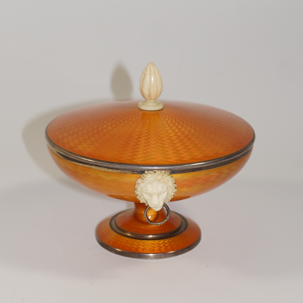 A Continental silver pedestal dish the cover and body engine turned and enamelled in a mandarin - Image 3 of 7