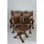 A set of six Continental walnut chairs the rectangular backs with lion mask finials,