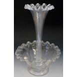 A glass table centrepiece with integral central flute, frilled rims, 30.