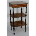 A French rosewood three tier etagère, floral marquetry inlaid throughout,