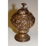 A late George III pounce pot, the domed cover pierced with   floral finial,