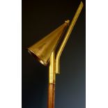 A long handled wooden Church brass candle taper holder with snuffer, brass heel, stamped,