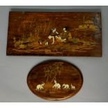 A rectangular hardwood panel inlaid in coloured woods and bone with a courting couple beneath a