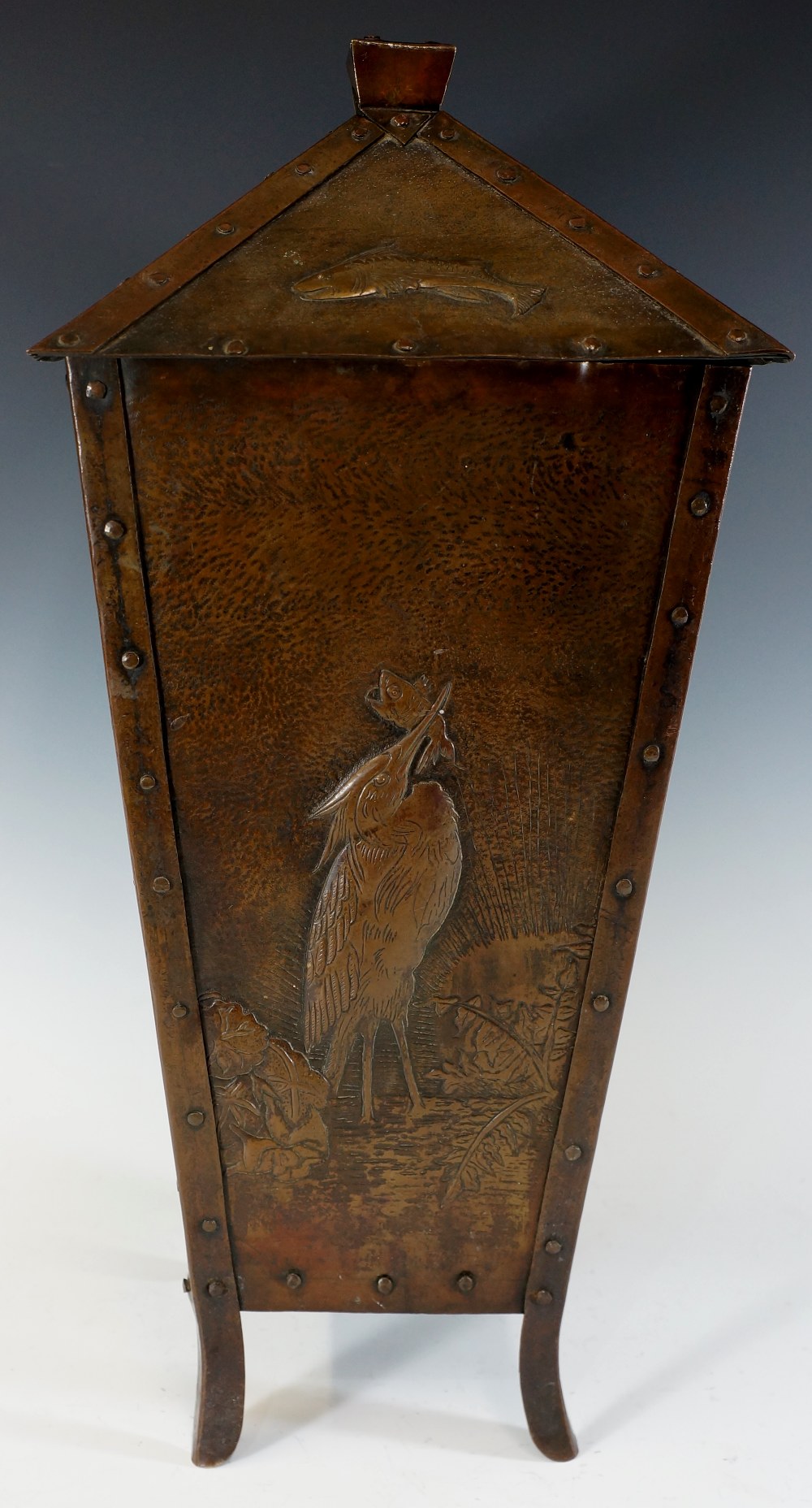 Newlyn School - a rare bronzed brass lidded casket the square cover formed as four triangular - Image 4 of 6