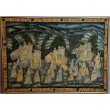 A large Indian picture painted with figures and elephants in extensive landscapes within a floral