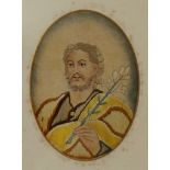 A George III double sided silk-work and watercolour picture each oval with classical bearded male
