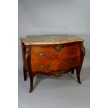 A Louis XVI mahogany and kingwood commode the serpentine-shaped marble above two long drawers,