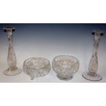 A pair of Brierley glass table candlesticks by Constance Spry, 26cm high; two cut glass bowls,