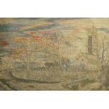 A needlework picture worked in coloured wools and silks with a church in cottage filled landscape,