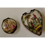 A circular patch box the hinged cover decorated with a gallant and his companion in landscape,