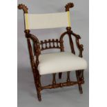 A Continental stained beech chair with fluted swept frame,