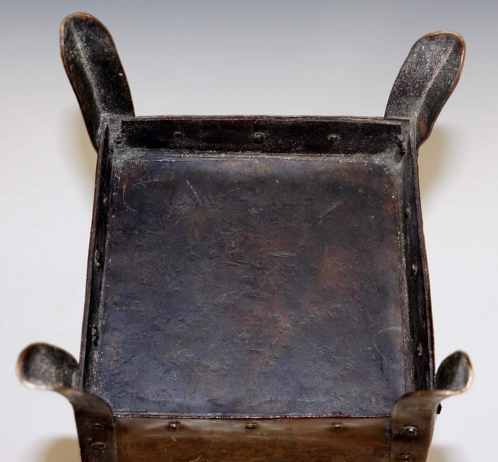 Newlyn School - a rare bronzed brass lidded casket the square cover formed as four triangular - Image 6 of 6
