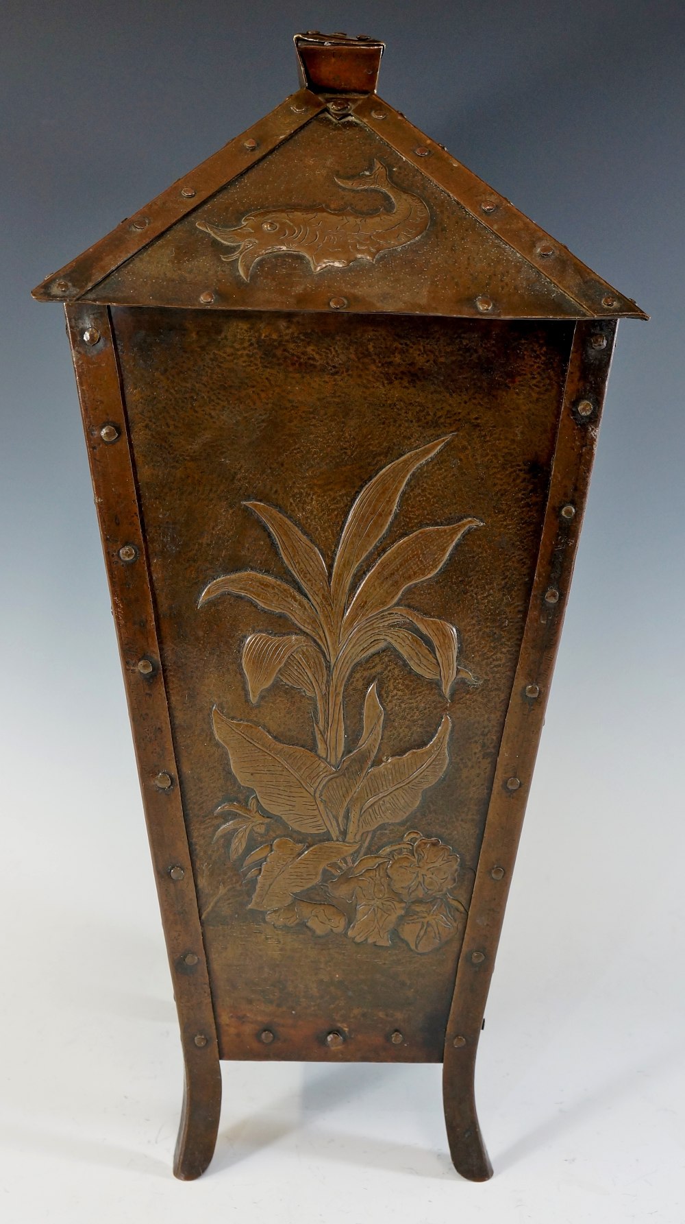 Newlyn School - a rare bronzed brass lidded casket the square cover formed as four triangular - Image 5 of 6