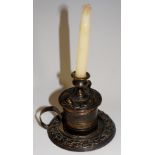 A Victorian small brass desk column candlestick to heat wax for letter seals,