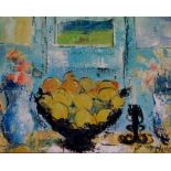 American School, 20th Century, Hiro - still life of vase, flowers, fruit in a bowl and candlestick,