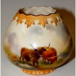 A Royal Worcester bag shaped porcelain vase painted with Highland Cattle by Harry Stinton,