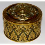 A finely decorated brass elastic band pot and matching lid, velvet lined interior,