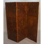 A leather three-fold screen, one side embossed, gilt and red detailed with vases,