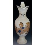 A large opaline white glass jug decorated with classical style scenes of figures and rearing horses,