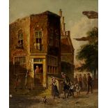 Dutch School, 18th Century - figures outside buildings with children and dog, oil on board,