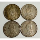 Coins, Great Britain, Silver Double Florins, Victoria, Jubilee Head, 1887 Roman choice gEF, 1888,