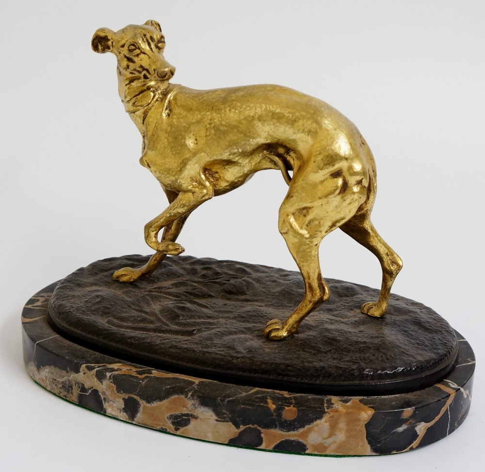 Pière Jules Mêne (after) - a gilt bronze model of a greyhound on rustic base, marble plinth,
