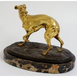 Pière Jules Mêne (after) - a gilt bronze model of a greyhound on rustic base, marble plinth,