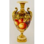 A Royal Worcester urnular two handled vase the body still life painted with peaches, grapes,