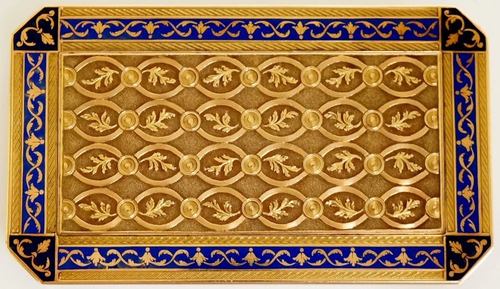 A Swiss rectangular two colour gold and blue enamel snuff box with canted corners, - Image 2 of 8