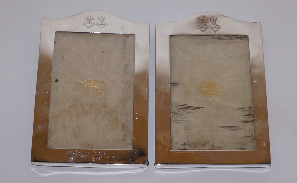 Two similar arch topped rectangular silver photograph frames each bearing a similar crest, - Image 4 of 5