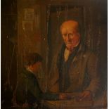 West? - The Shop Counter with elderly figure and boy, oil on mahogany panel, 20cm square,