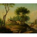 English School, mid 19th Century - extensive landscape with figures and cottages, oil on tin panel,