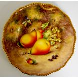 A Royal Worcester shaped circular plate with gadrooned border, still life painted with pears,