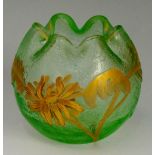 Mont Joye - a uranium green glass posy vase with gilded flowers, marked Mont Joye on base, 7cm high,