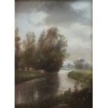 Modern British School, Victorian style - Cattle on the banks of a river with fishermen, stormy sky,