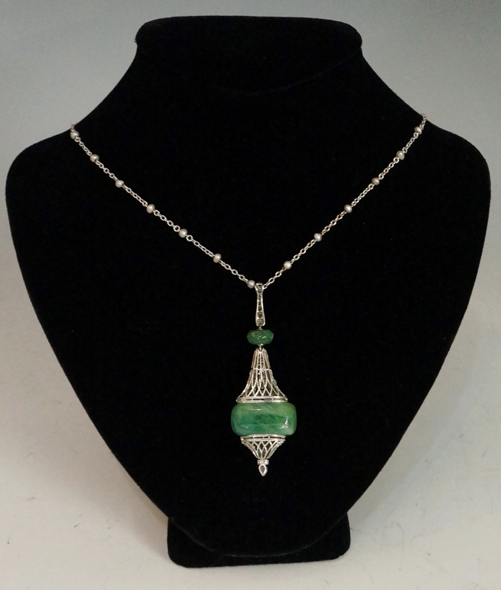 An Art Deco emerald and diamond pendant on a seed pearl set chain, - Image 2 of 4